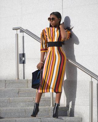 Stylish Stripe 3/4 Sleeves Elastic Waistband Women Dress YSH6020