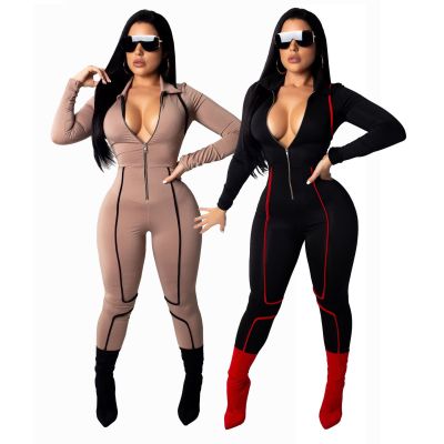 Deep V Neck Zipper Bodycon Jumpsuits SMR9073