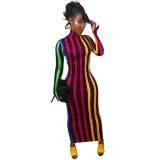 Promotion Slim Bodycon Colorful Stipe Ankle Length Dresses YYZ617