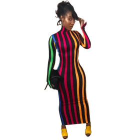 Promotion Slim Bodycon Colorful Stipe Ankle Length Dresses YYZ617
