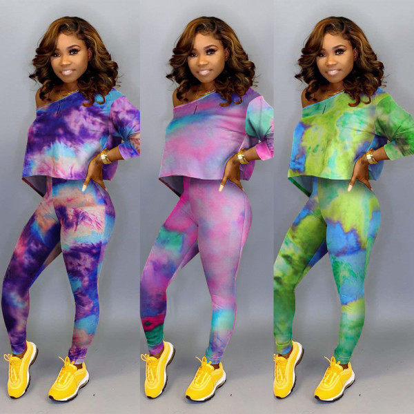 Oblique Shoulder Crop Top Printing Skinny Pants Women Sets K8833