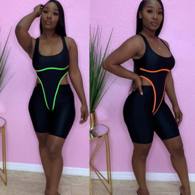 Sexy halter strap fluorescent stripe sports jumpsuit suit female 2 piece set FF1007