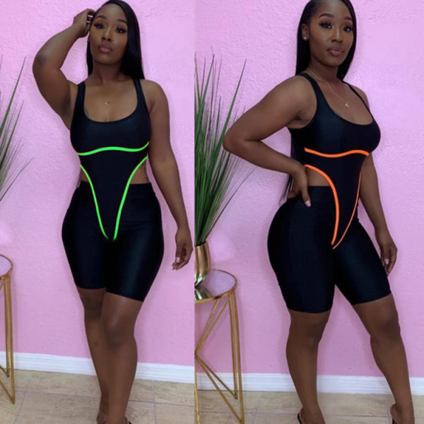 Sexy halter strap fluorescent stripe sports jumpsuit suit female 2 piece set FF1007