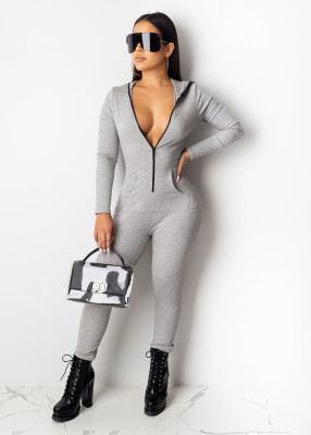 Casual Slim Fitting Zip Up Hooded Gray Jumpsuit For Female YSH6106