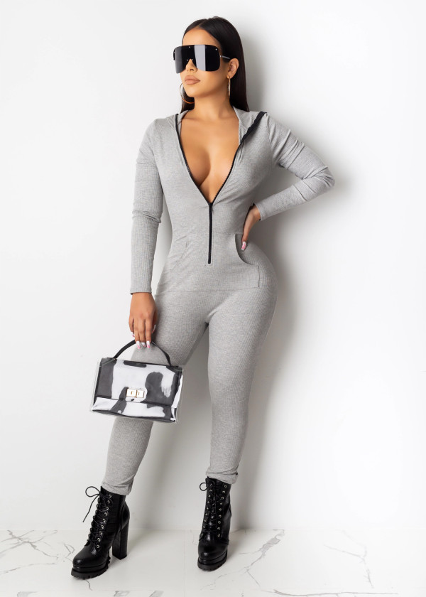 Casual Slim Fitting Zip Up Hooded Gray Jumpsuit For Female YSH6106