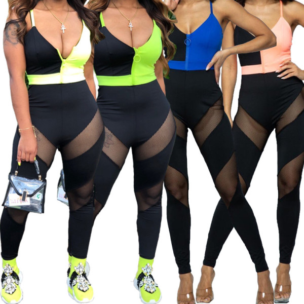 Sexy Multicolor Stitching Suspenders V-Neck Perspective Jumpsuit YF8593