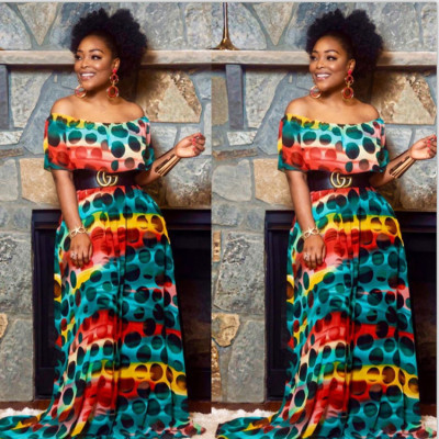 Printed Overlay Off Shoulder Floor Length Dress Without Belt DF0636
