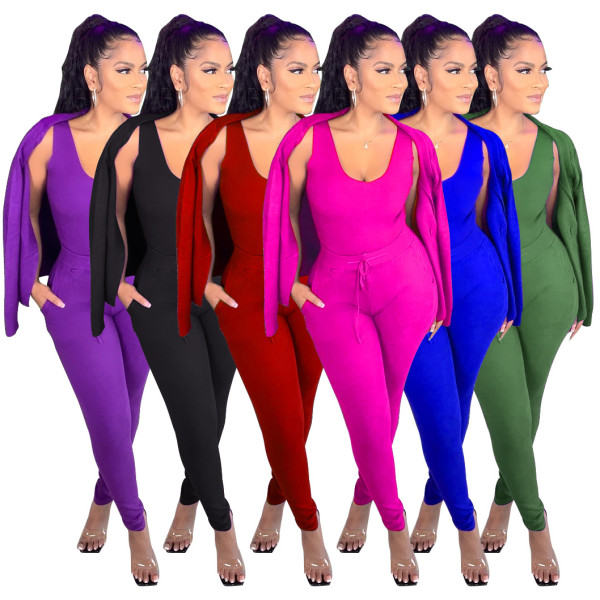 Autumn Solid Color Suspenders Vest Drawstring Trousers With Cardigan Three Pieces Sets BS1234