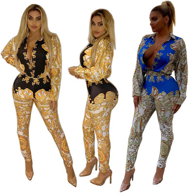 Turn-Down Collar Long Sleeves Shirt Printing Skinny Pants MY9389