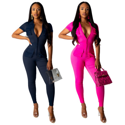 Hot Sale Pure Color Zipper Stretchy Bodycon Jumpsuit SMR9341