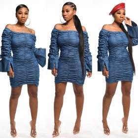 Hot Sell Denim Women Clothes Unique Flat Shoulder Pleated Dress M980