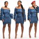 Hot Sell Denim Women Clothes Unique Flat Shoulder Pleated Dress M980