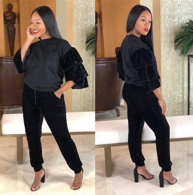 Winter Newest Women Black Two-Piece Sport Suits D8225