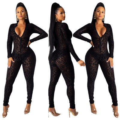 Sexy Black See Through Zip Up Bodycon Mesh Jumpsuit SY8387