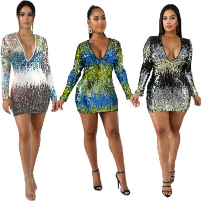 Club New Style Colorful Sequins V Collar Glitter Wrap Dress LA3143