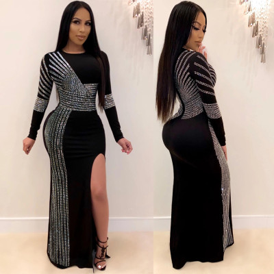 Unique High Split Rhinestone Clubwear Plus Size O Neck Slim Dress K8882