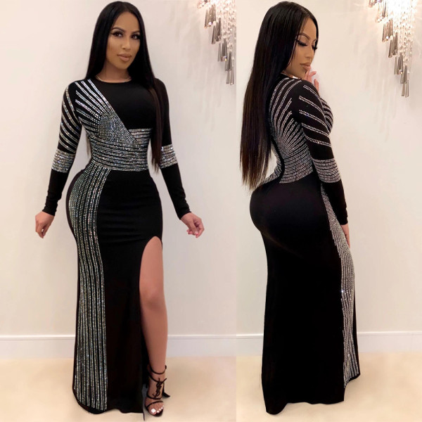 Unique High Split Rhinestone Clubwear Plus Size O Neck Slim Dress K8882