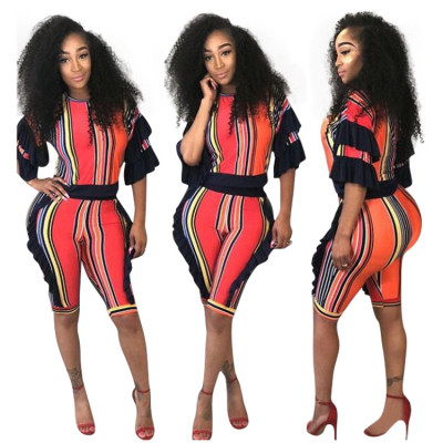 Printed suit lotus sleeve casual summer suit F8106