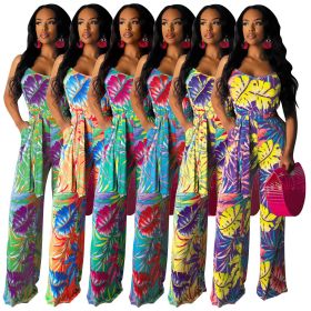 Spaghetti Strap V Neck Pants Printing Jumpsuit With Belt SMR9349