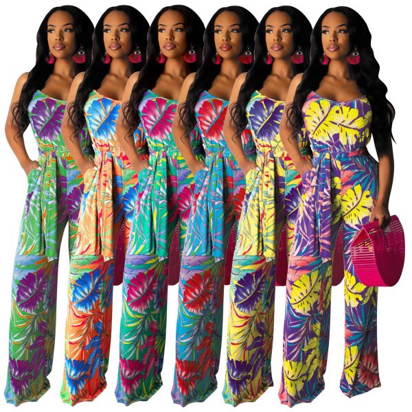 Spaghetti Strap V Neck Pants Printing Jumpsuit With Belt SMR9349
