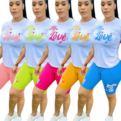 Fashion letter printed T-shirt two-piece set 5 colors OEP6175
