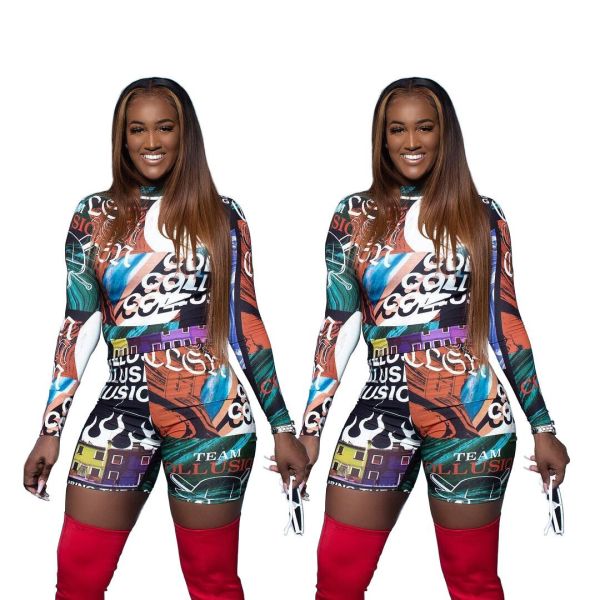Street Style Leisure Suits Long Sleeve Top Printing Shorts YS263