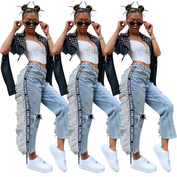 Explosion Models Hole Slit Plus Size Mesh Splicing Jeans ED8142