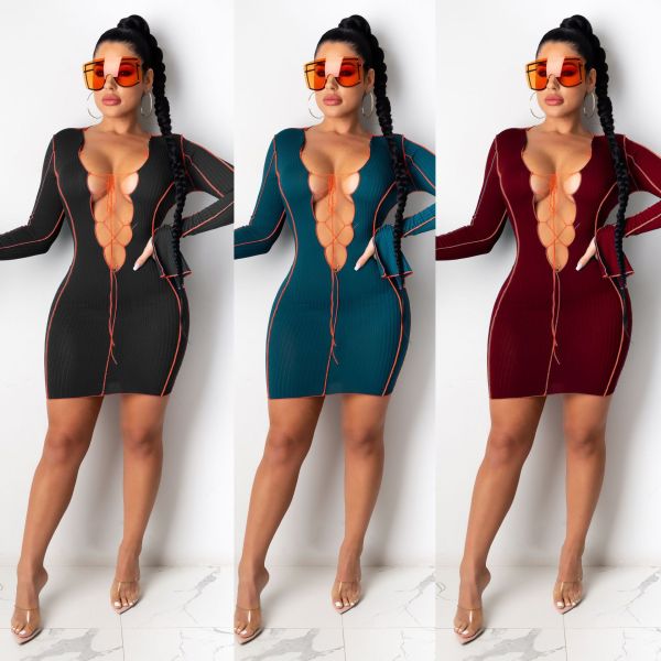Sexy Strappy V-Neck Long Flared Sleeves Mini Bodycon Dress CY1267