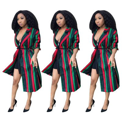 Striped Long Coats With Belts SDD9078