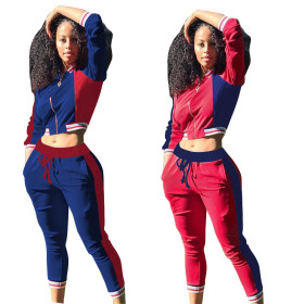 Colors Patchwork Sexy Women Two Pieces Sets Zipper Tracksuit F8155