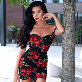 Cheap Pleated Floral Printing Sexy Strapless Mini Dress BN9013