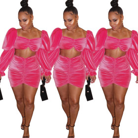 Autumn Winter Sexy Outfits Puff Sleeve Crop Top Pleated Short Skirt Q389