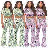 Women Printing Casual Suits Crop Top Flares Pants D9131