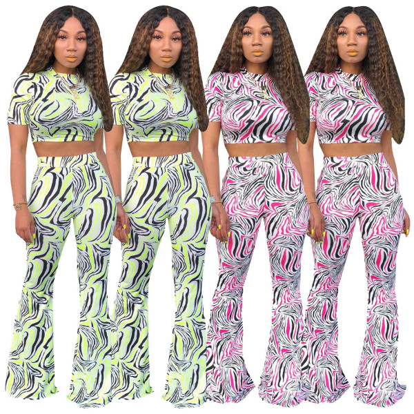 Women Printing Casual Suits Crop Top Flares Pants D9131