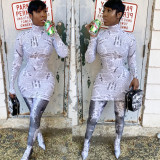 Factory Price Newspaper Printing High Neck Bodycon Dress HR8059