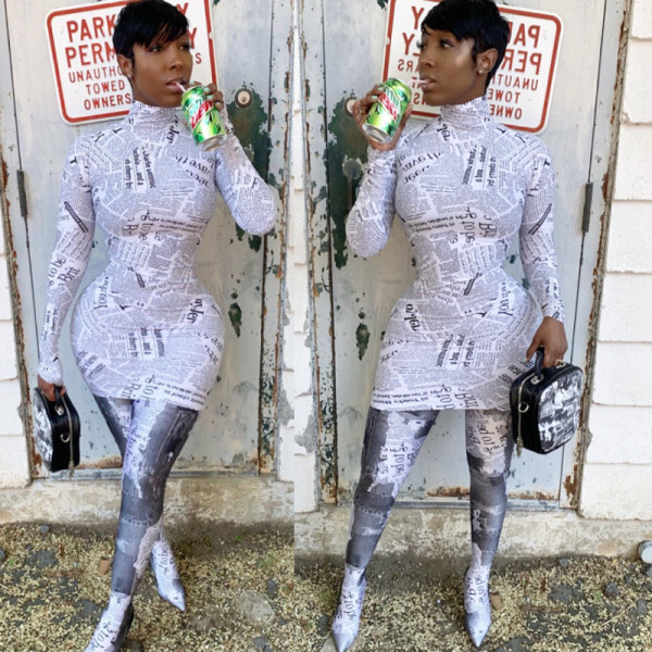 Factory Price Newspaper Printing High Neck Bodycon Dress HR8059