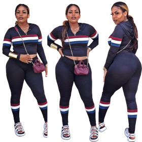 Promotion Hooded Top Tight Pants Hot Stripe Patchwork Suits GL6059