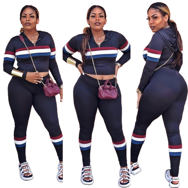 Promotion Hooded Top Tight Pants Hot Stripe Patchwork Suits GL6059