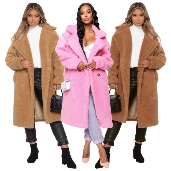Thicken Loose Plain Color Turn-Down Collar Long Coat SMR9434