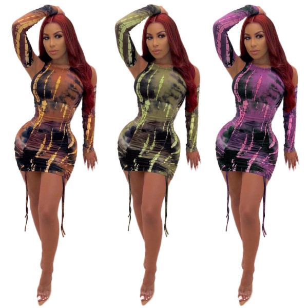 Trendy Women Tie Dye Bodycon 3 Colors Pleated Dress MN8048