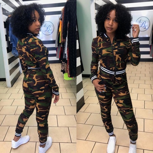 Hot Sell Ladies Exercise 2 Pieces Slim Fitting Camouflage Outfits C2043