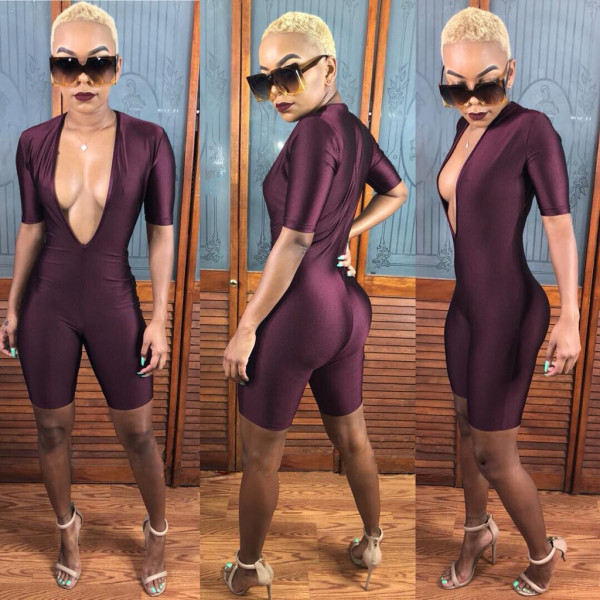 Factory Price Slim Bodycon Deep V Neck Short Jumpsuit YS201