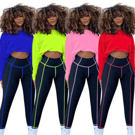 Pure color drop-shoulder sleeves waistless yoga sports long-sleeved trousers two-piece suit QQM4123