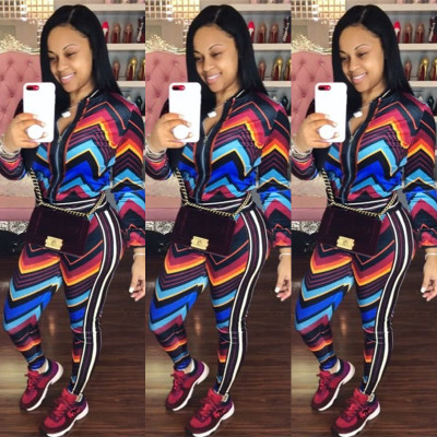 Colorful Geometric Print Jacket+Skinny Pants Tracksuits S696
