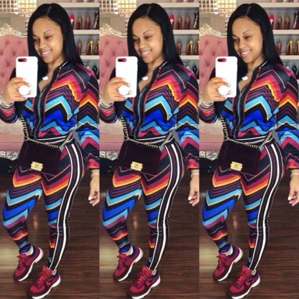 Colorful Geometric Print Jacket+Skinny Pants Tracksuits S696
