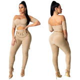 Fashionable sexy tube top exposed navel fold solid color two-piece suit A850201