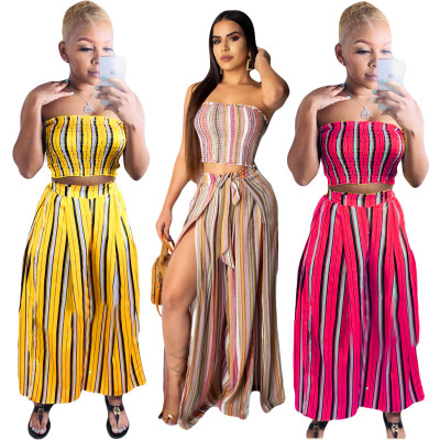 Trendy Female Suits Stripe Strapless Top Split Long Pants AMM8131