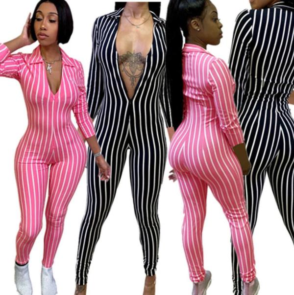 Striped Print Cropped Sleeve Sexy Jumpsuit DN8192