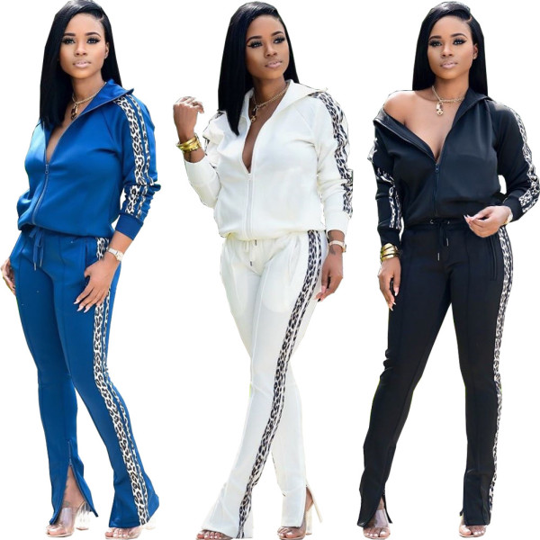 Leopard Print Splicing Zipper Sets Women Coat & Tight Pants X9212