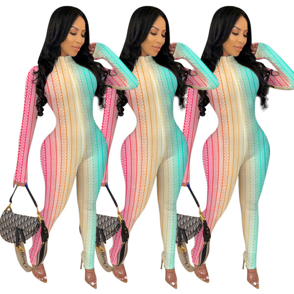 Rainbow print sports casual jumpsuit NK164